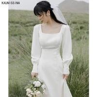 kaunissina beach wedding dress long sleeve square collar floor length a line simple bride gowns for women boho bridal dresses
