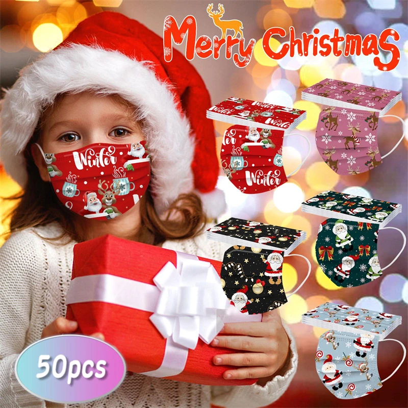 

50pc Kids Christmas Disposable Masks Unisex Printed Soft Face Cover 3-layer Child Dustproof Masks Earloop Bandage Masks