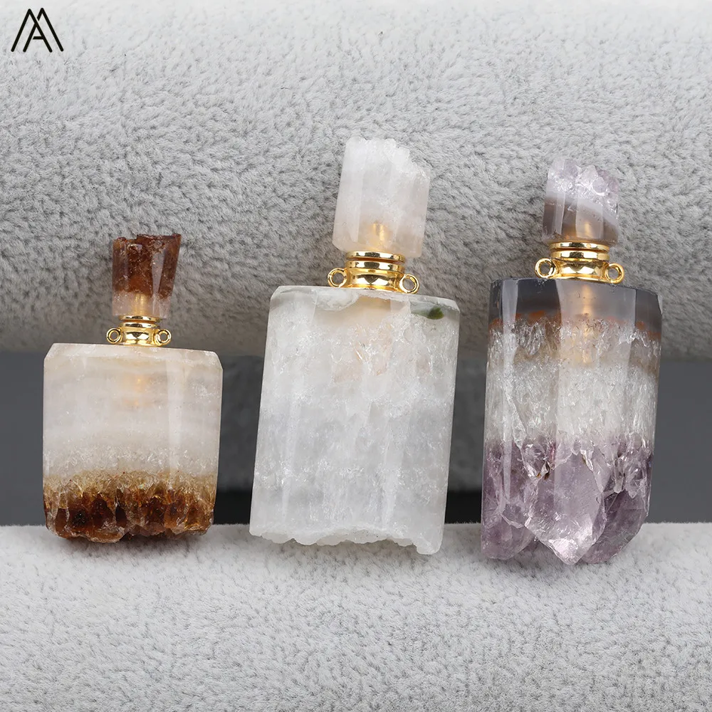 Fashion Women Small Natural Citrines Quartz Irregular Amethysts Quartz Perfume Bottles Gold Copper Chain Necklace EF-DG-72AMFE