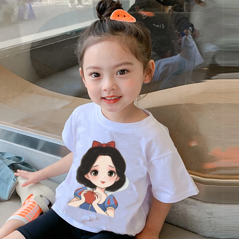 

Disney Snow White New Summer Children's Clothing Boys Girls T-shirt Baby Cartoon Print Blouse Unisex Fashion Sports Wind White