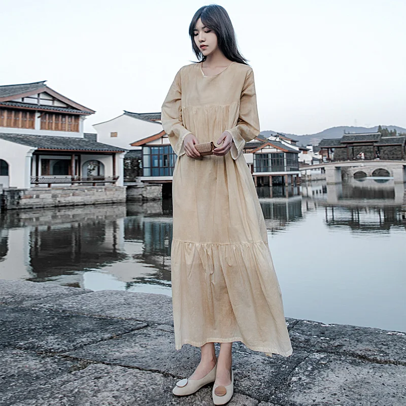 

Johnature Women Belt Patchwork Dress Cotton O-Neck Long Sleeve Solid Color Vintage Clothing 2021 Autumn New Chinese Style Dress
