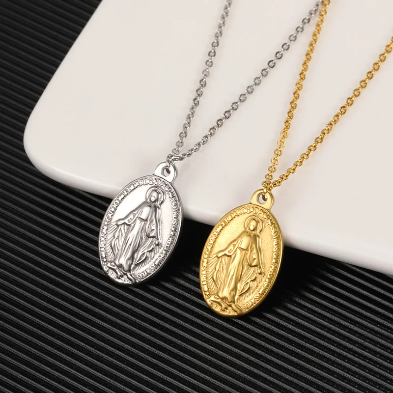 Stainless Steel Virgin Mary Pendant Necklaces Holy Mother of God Religious Cross Pattern Choker Chain Women Jewelry Collier Gift