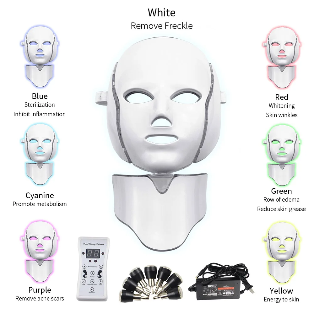 With Neck mask 7 цветов светодиодный фотон Электрический светодиодный маска для лица с кожу шеи омоложение против морщин Acne фотона уход за кожей Красота маска - Цвет: With Neck mask