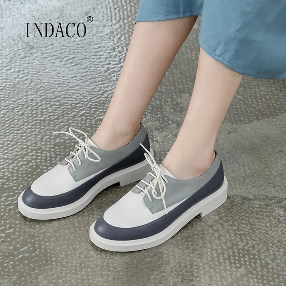 

2021 New Shoes Woman Flats Fashion Lace Up Women Leather Shoes Mixed Color Flat Shoes Female Tenis Feminino