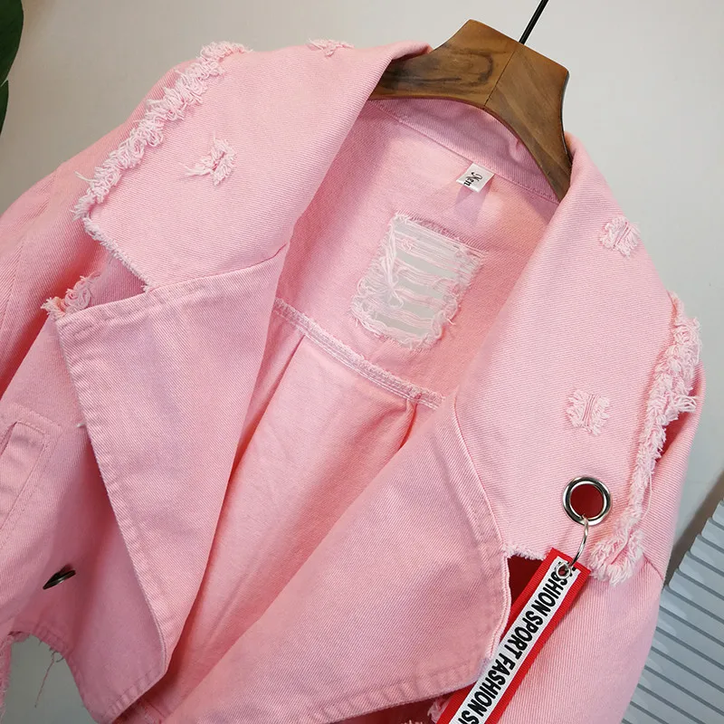 

Nice Short Denim Jacket Women Casual Loose Cool Girl Outwear Spring Autumn Female Korean Candy Color Pockets Hole Jeans Coat