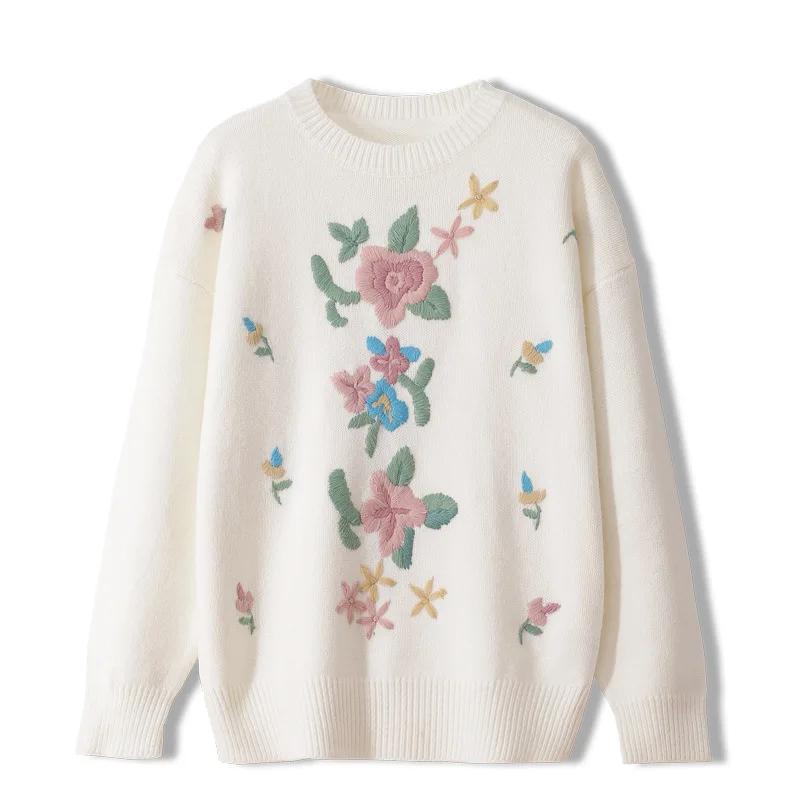

Lady Pullover 2020 Luxury Vintage Elegant Women Christmas Sweater Long Sleeve Flower Embroidery O-neck Loose Knit Top Jumpers