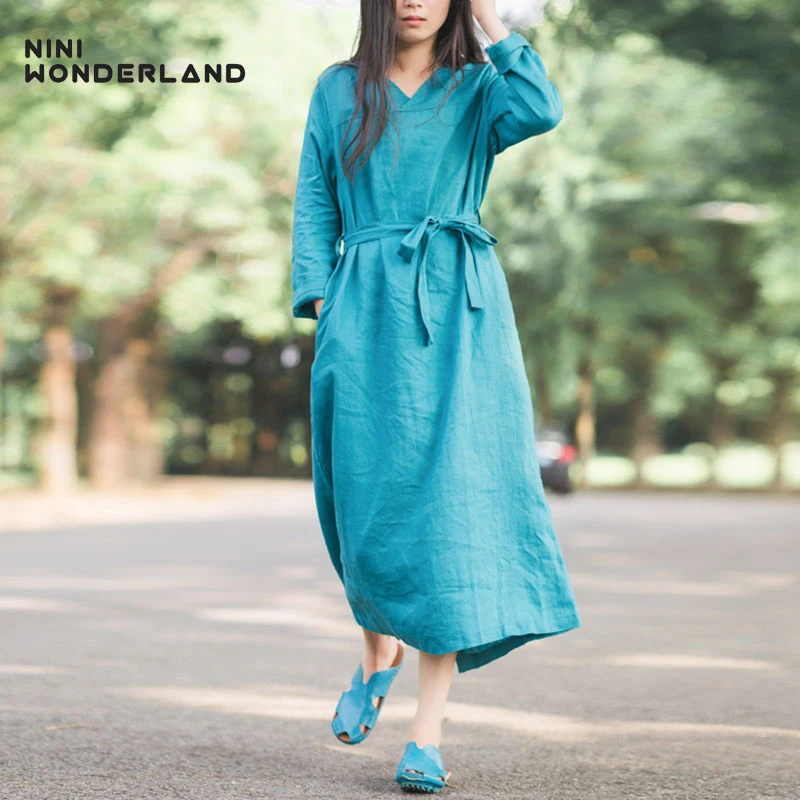 Женское льняное платье NINI WONDERLAND короткое с v образным вырезом винтажное длинным