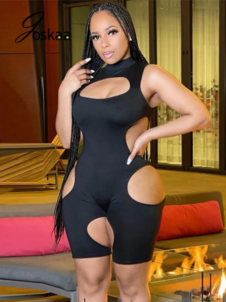 

Joskaa Solid Sexy Cut Out Hole Slim Playsuits Summer Sleeveless Party Clubwear Women Fashion High Street Style Rompers Overalls