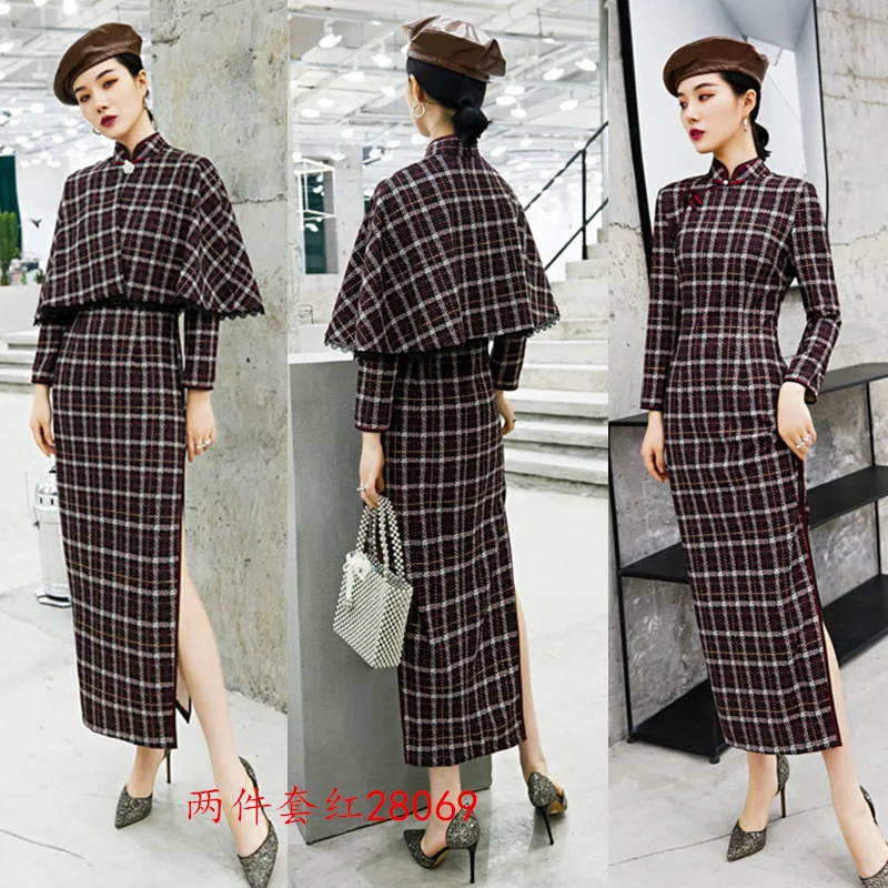 

Длинное платье-ципао в стиле ретро, традиционное китайское осенне-зимнее платье с шалью, халат в восточном стиле