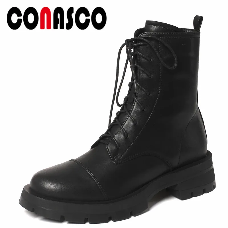 

CONASCO 2021 New Punk Women Short Boots Autumn Winter Warm Genuine Leather Casual Prom Office Working Brand Design Shoes Woman