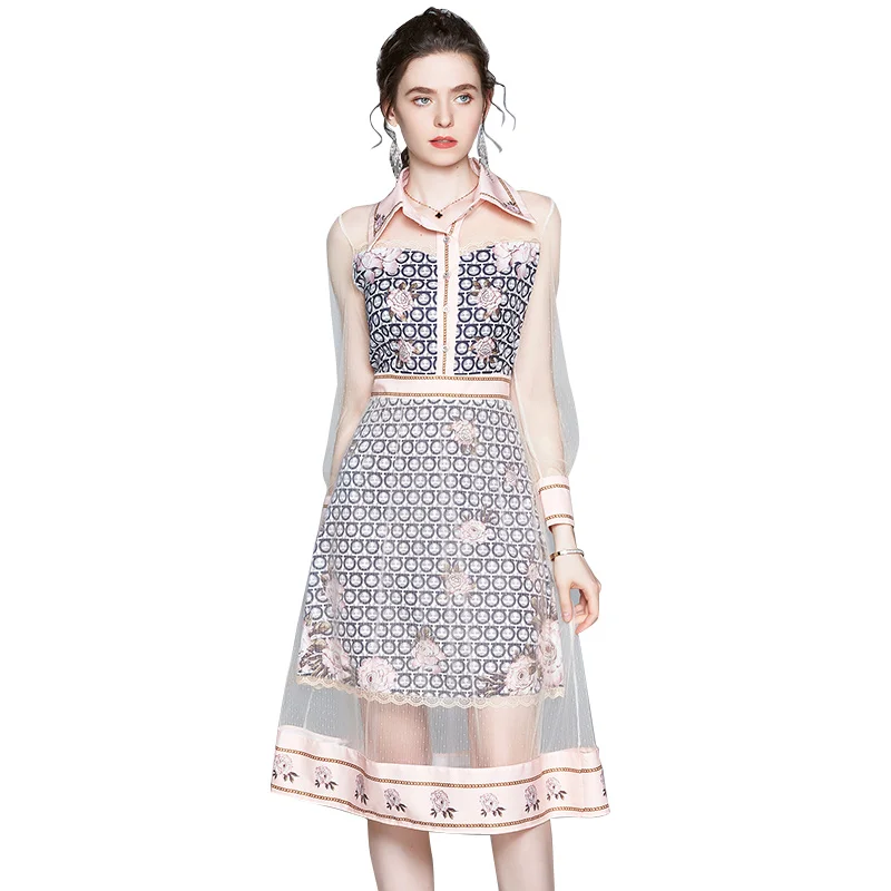 

Spring Summer Women Flower Printed Splicing Mesh Dress Sexy Perspective Long Lantern Sleeve Mesh Pink French Elegant Midi Dress