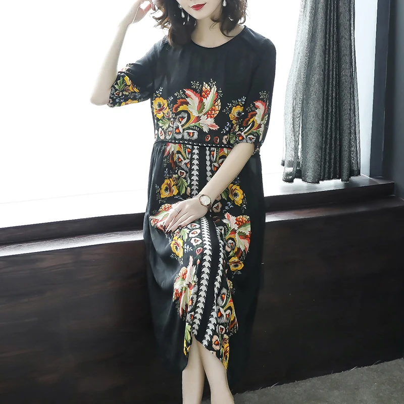 

Summer new round neck printed beach dress banquet mid-length dress women
