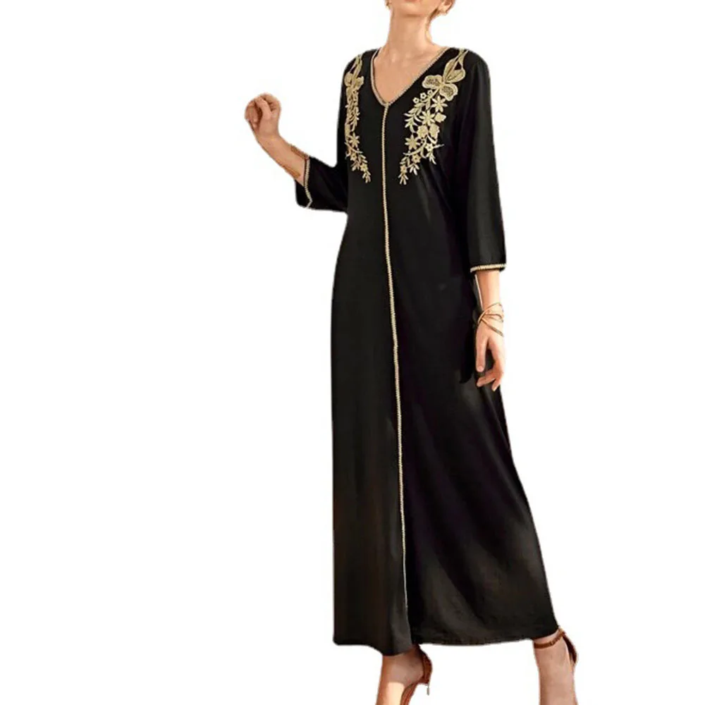 

Casual Style Muslim Fashion Temperament Loose Elegant Designer Solid Color Embroidered V-neck Long Sleeve