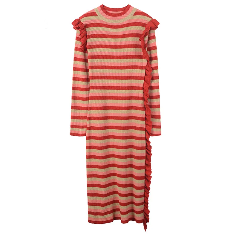 Облегающее вязаное платье-свитер в полоску для женщин Элегантное зимнее