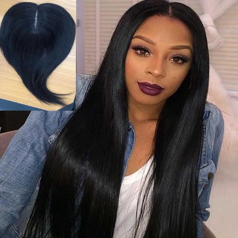 13*15 Human Hair Topper Wig For Women 10”-14” Straight Silk Base With Clips In Hair Toupee Remy Hairpiece To Cover White Hair