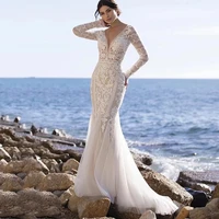 sexy wedding dresses tulle appliques pleat v neck full sleeve backless mermaid bridal gowns novia do 2021 new