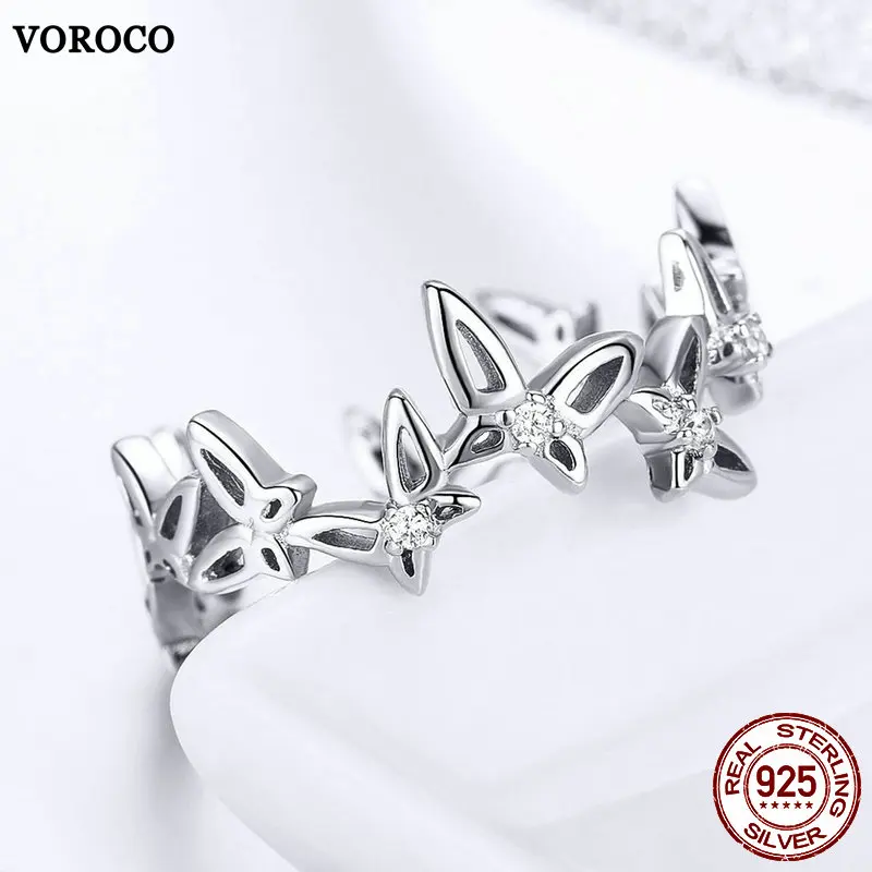VOROCO 100% Настоящее серебро 925 пробы кольца с бабочкой для женщин Свадебная помолвка