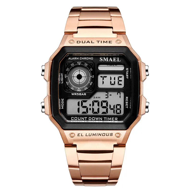Rose gold SMAEL Модные мужские спортивные часы квадратный светодиодный цифровые часы мужские водонепроницаемые наручные часы из нержавеющей стали Relogio Masculino - Цвет: Rose gold