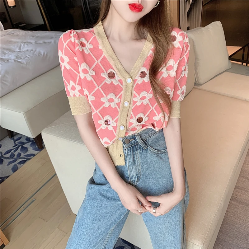 

Fashion V-Neck Floral Sequins Women Cardigan Summer Short Sleeve Single Breasted Sweater Cardigans YOU533