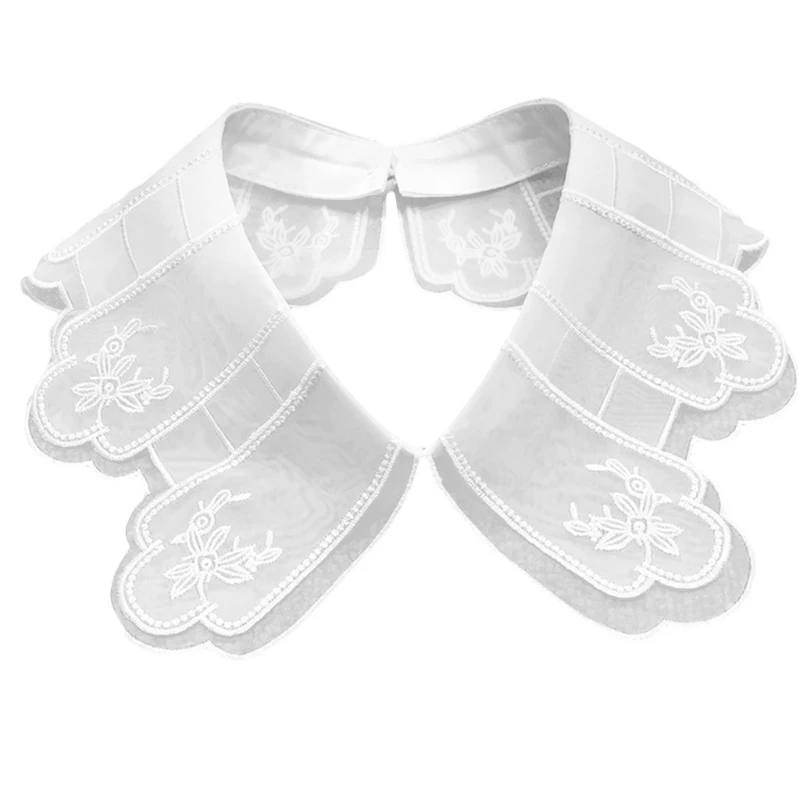 

Women Embroidery Floral Chiffon Fake Collar Shawl Elegant White Necklace Wrap Button Decorative Mini Cape Half Shirt