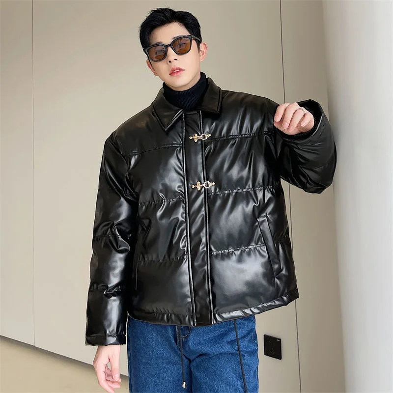 

SYUHGFA Men's Clothing Korean Style PU Leather Cotton-padded Clothes 2022 Witner Warm Coat Couple Fashion Oversize Jacket