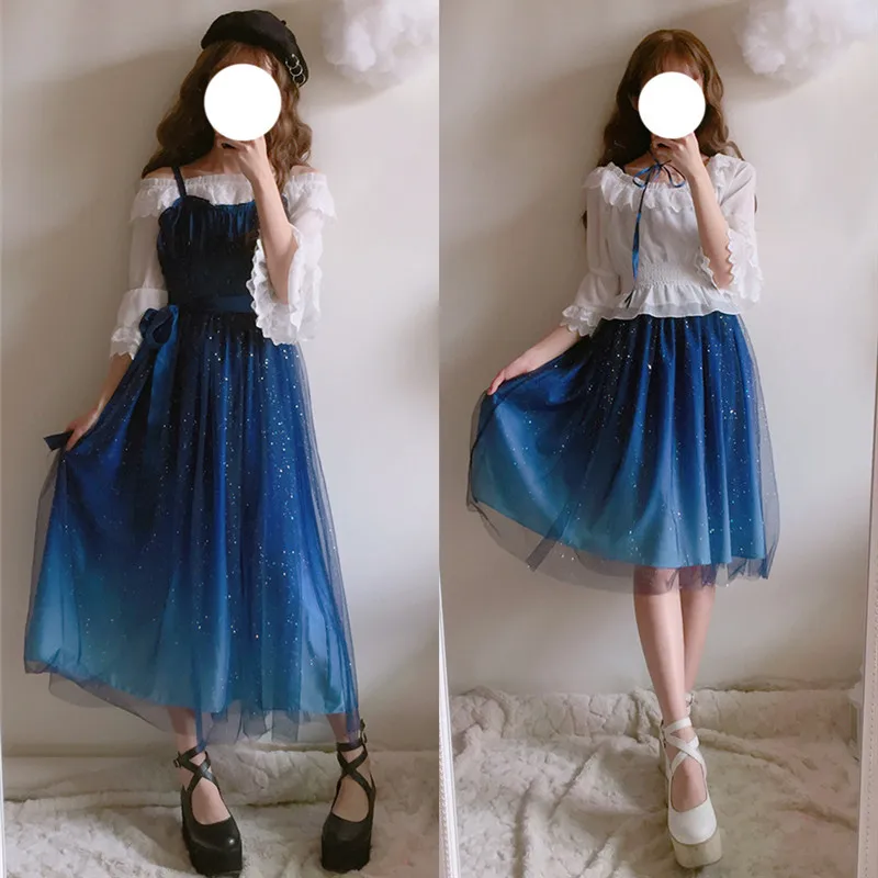 

Stary Sky Gradient Blue Women's Summer Suspender Dress Long Dress Elegant Double Layer Veil Lolita Dress 2021