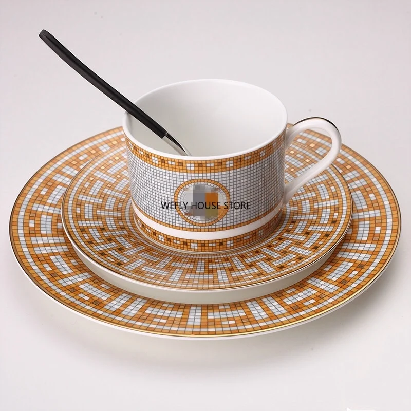 Prato de Cerâmica Placa de Alimentação de Prato de Cerâmica Placa de Utensílios de Mesa Placas Padrão Geométrico Placa de Alimentação Amarelo Grade Conjunto Servindo Prato Osso China um