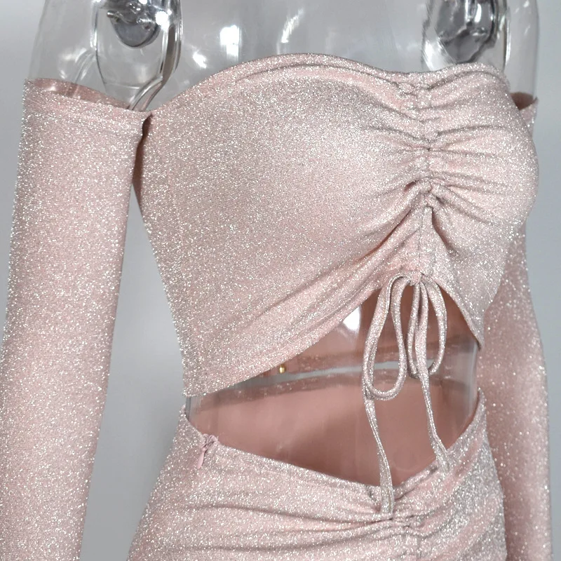 

Ogilvy Mather Women Sets Glitter Long Sleeve Sexy Crop Tops and Skirts 2 Piece Set Drawstring Ruched Matching Sets Party Club