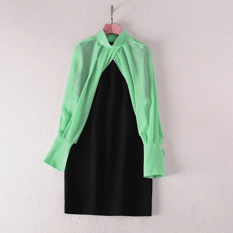 

Summer Dress 2021 Fashion Designer Clothing Women Green Black Color Block Patchwork Long Sleeve Casual Sun Dress Boho Vestidos