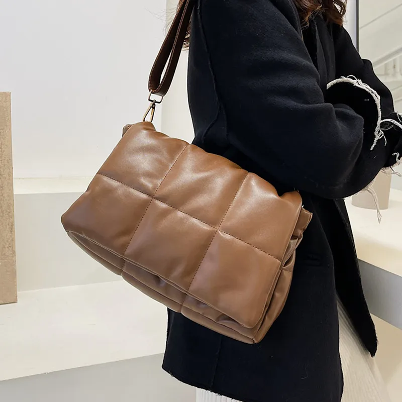 

Quilted Leather Shoulder Bag Women Winter Style Space Pad Cotton Down Feather Crossbody Bag Ladies Square Puff Messenger Handbag