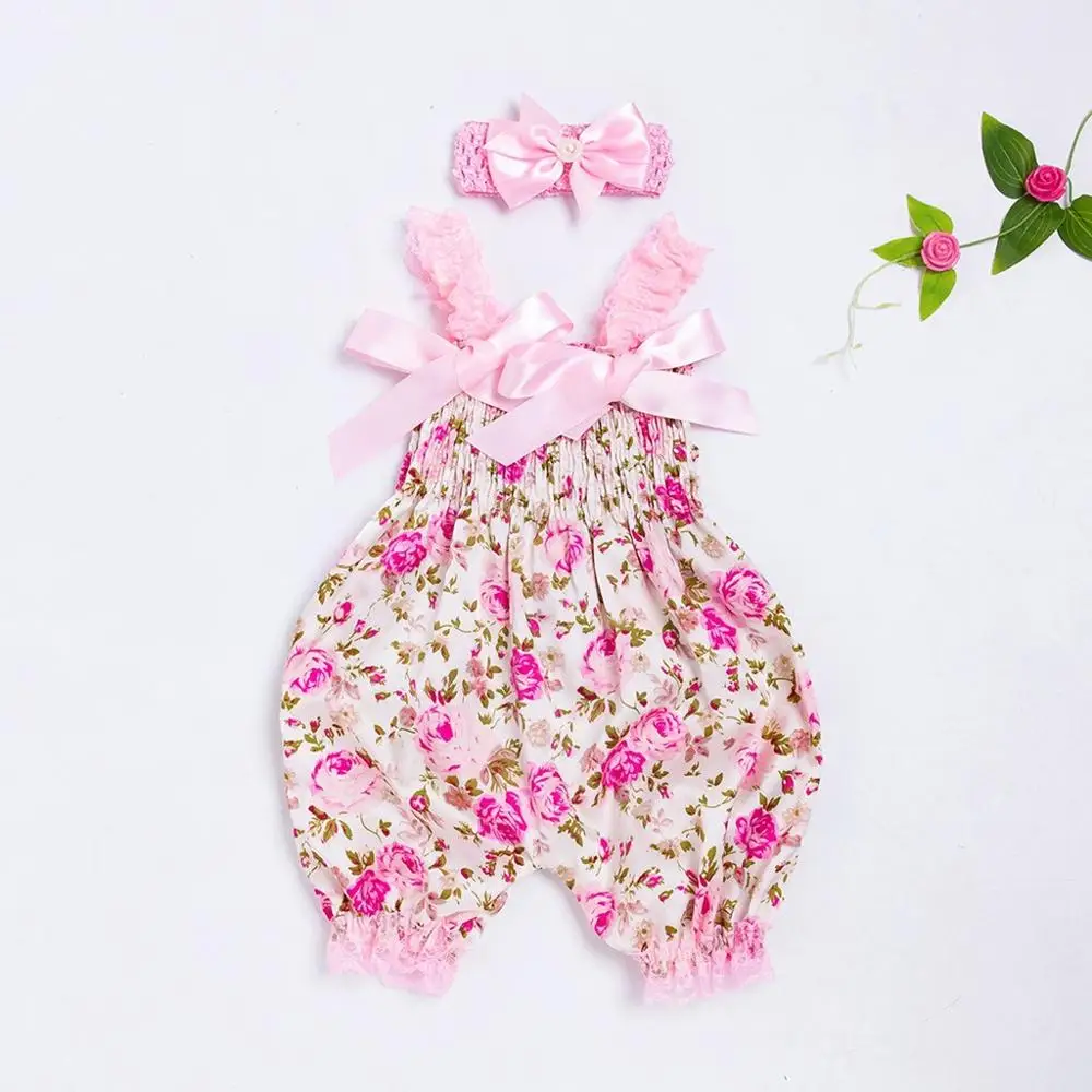 Pink Летний комплект из 2 предметов; забавные детские комбинезоны с печатью для новорожденных девочек; кружевной комбинезон для маленьких девочек; повязка на голову с бантами; Прямая поставка; 2 - Цвет: Pink