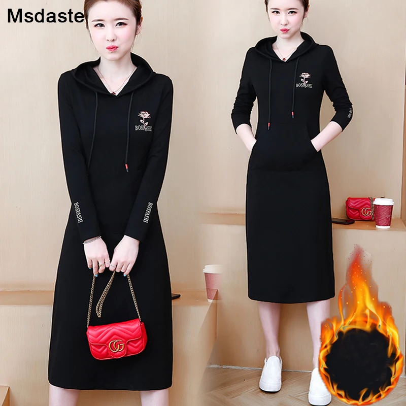 Зимнее плотное платье 2019 толстовка с капюшоном вышивкой туники плюс размер M ~ 4XL