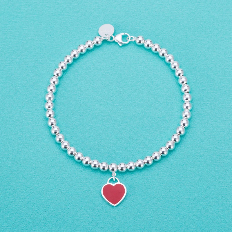 

S925 sterling silver heart-shaped enamel round bead bracelet ladies love heart pendant beaded fashion romantic jewelry exquisite