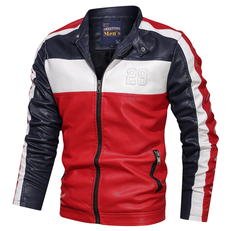 

2019 New Red PU Leather Jackets Men Casual Motorcycle Outwear Bomber Jacket Color Patchwork Winderbreaker Coat HX063