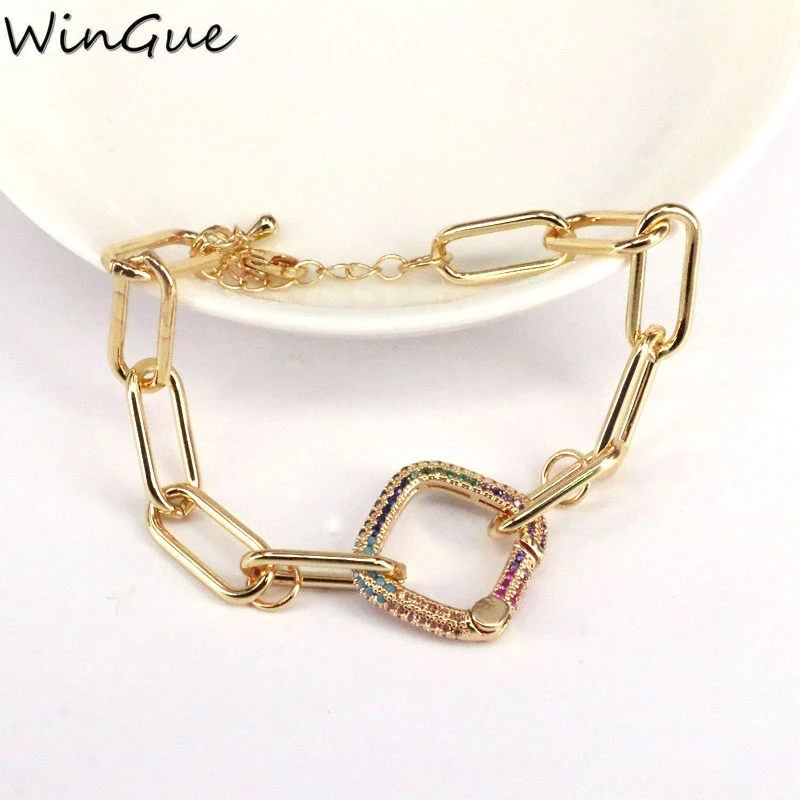 Золотистые регулируемые браслеты Rolo цепи с радугой CZ микро паве застежка