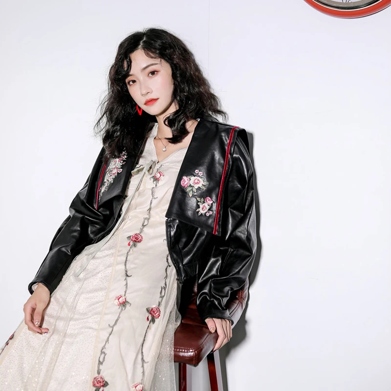 Fashion Women Floral Embroidered Soft Leather Jacket 2020 Spring Autumn Big collar Faux PU Coats Chic Black YNZZU 9O173 | Женская одежда