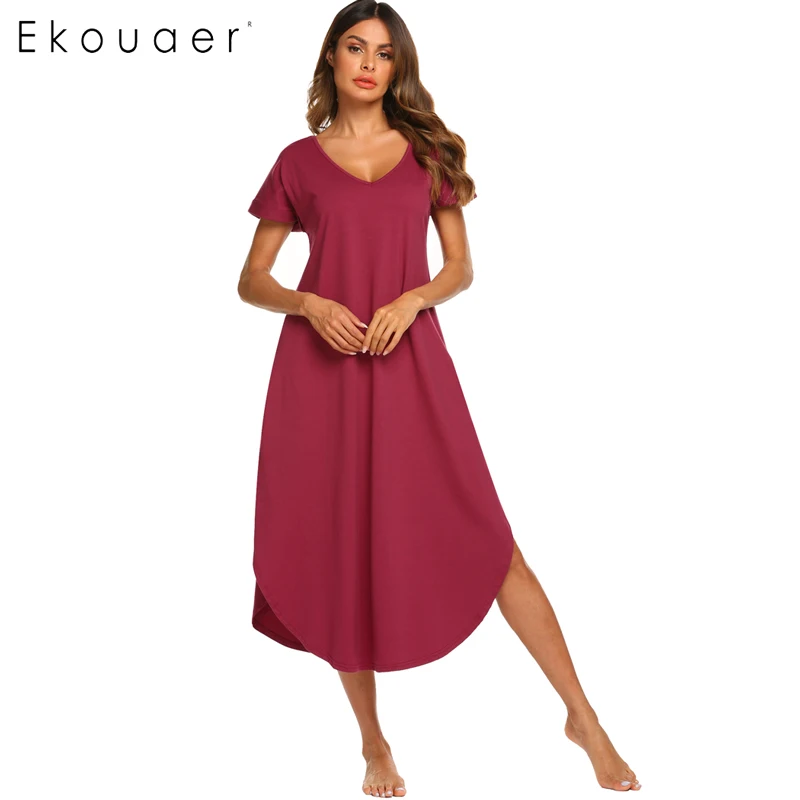 Purple Red Ekouaer ночная рубашка женская ночная рубашка трапециевидной формы свободное асимметричное платье для сна с коротким рукавом ночная рубашка - Цвет: Purple Red