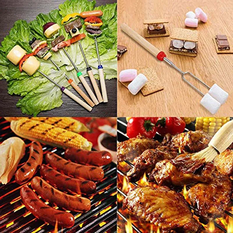 

8PCS Stainless Steel Barbecue Fork With Wooden Handle Outdoor Telescopic Barbecue Fork Sausage Grill Fork