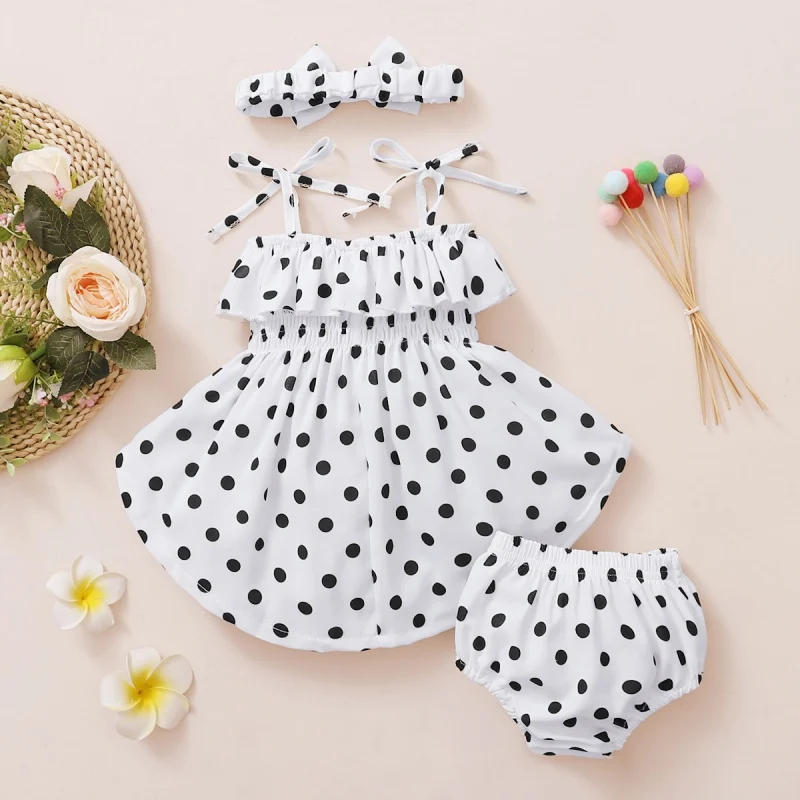 

Summer Baby Girls Clothes Casual Sleeveless Strap T-shirt Tops + Dot Print Shorts + Headband 3 Piece Sets Baby Costume 0-18M