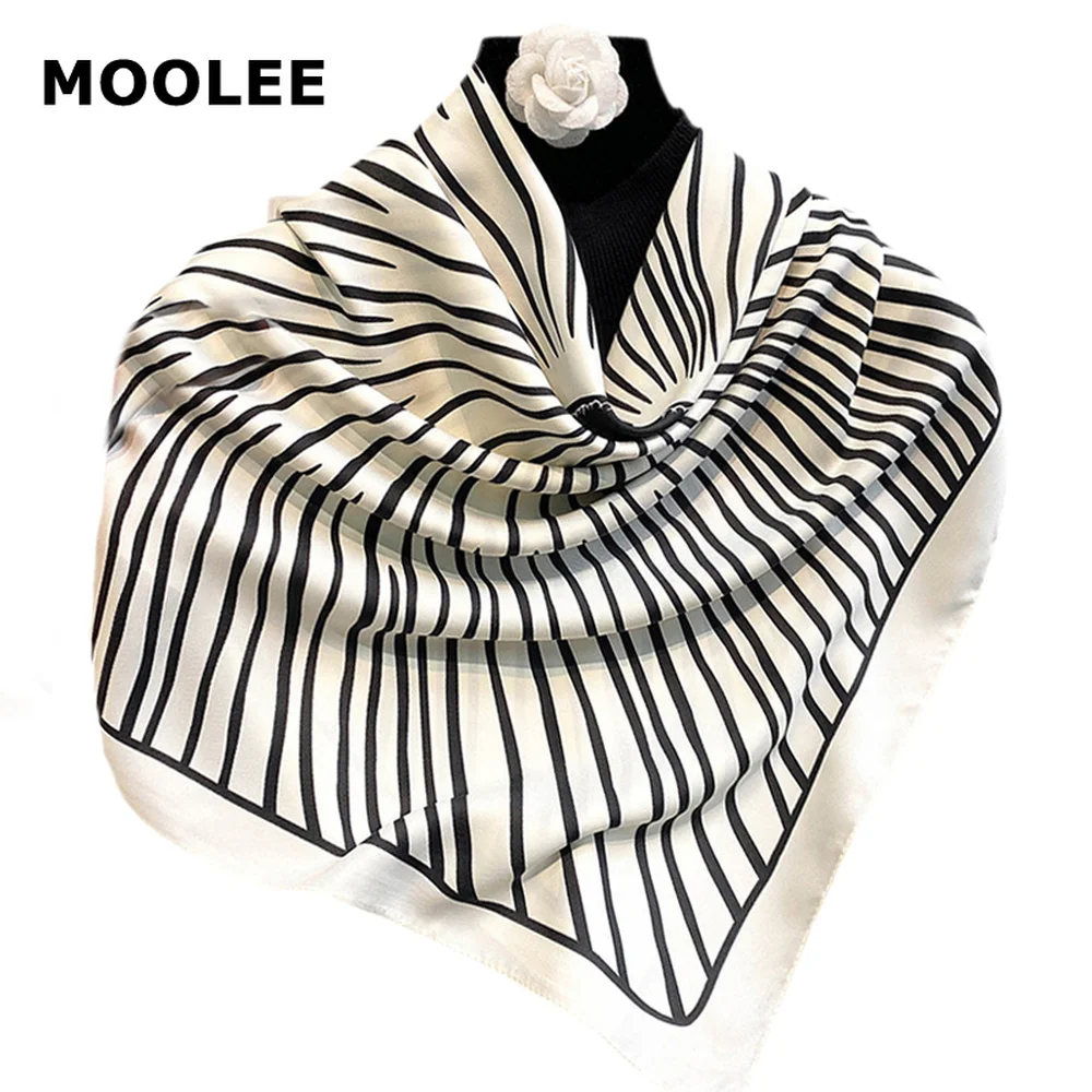 

Stripe Printing Imitation Square Silk Scarf Black Polyester 90CM Scarves Designer Scarf for Women Retro Head Wrap Handkerchief
