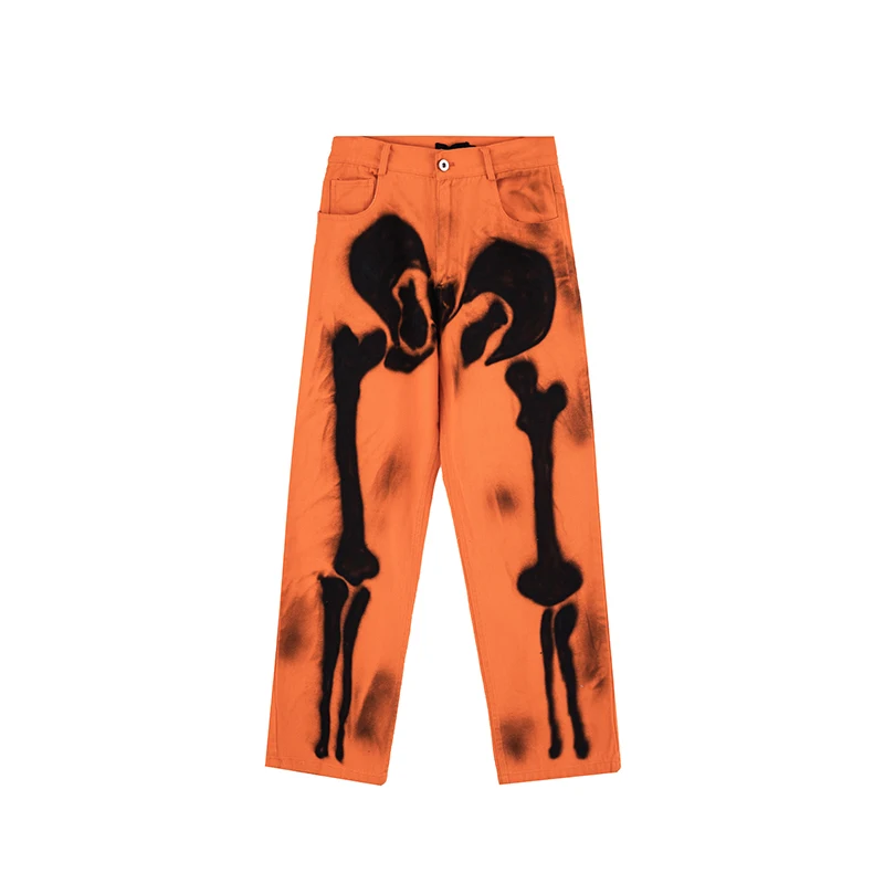 

Original Graffiti Skull Print Ripped Jeans for Men Straight Oversize Casual Denim Trousers High Street Loose Distresses Pants