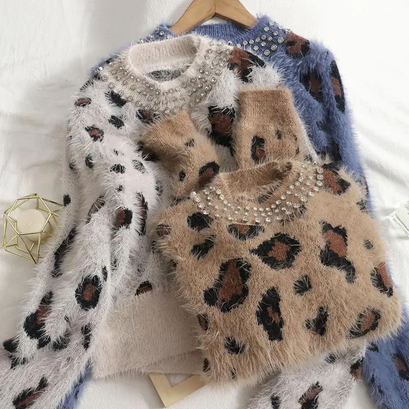

Chic Plush Leopard Sweater Gentle Fall Winter Slim Diamonds Mink Cashmere Pullovers Mohair Jumpers Beaded Knitwear Crop Tops