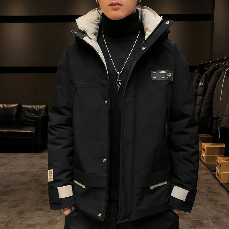 

Winter Wen's Parka Hooded Patchwork Color Single Breasted Thick Warm Letter Decor Casual Fashion Joker Cotton Coat