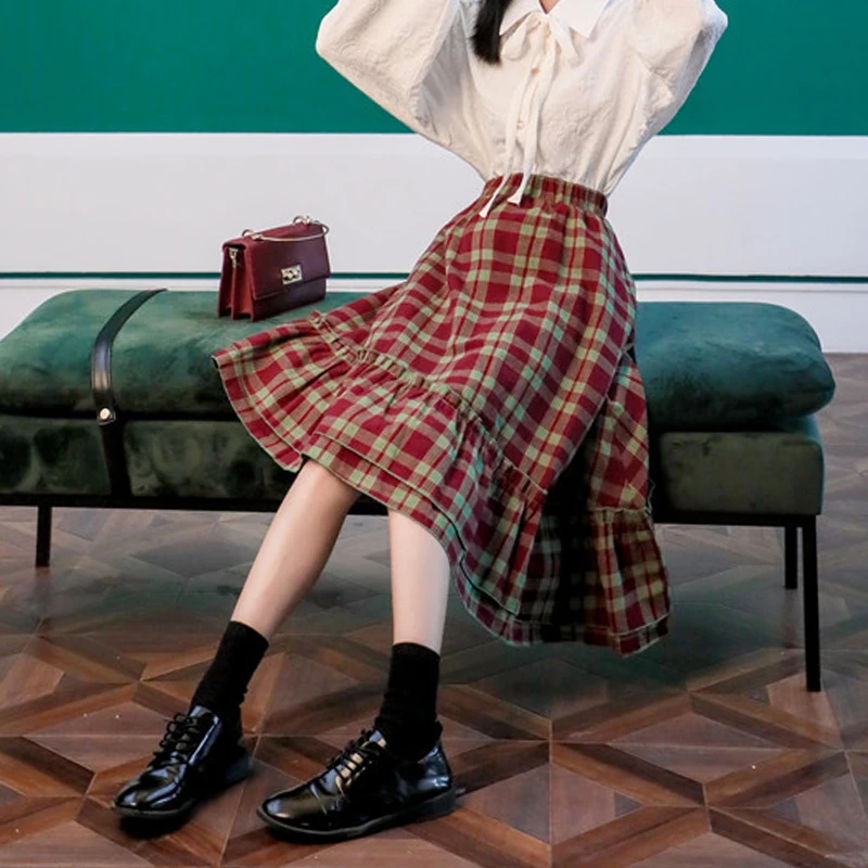 Ретро клетчатая Женская длинная Асимметричная юбка с рюшами эластичная высокая