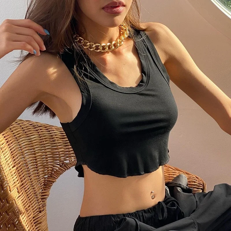 

Pure Color Elastic Self-cultivation Simple and Versatile Bottoming Vest Women's Short U-neck Tube Top with Navel Exposed Top
