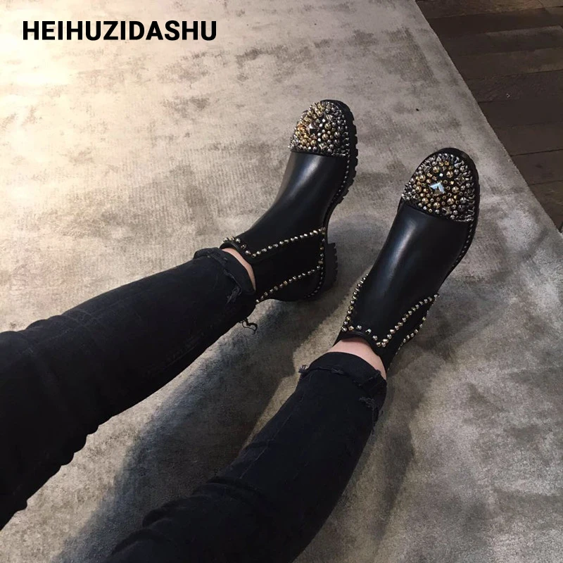 Роскошные блестящие ботинки Челси Женские на массивном каблуке с металлическими