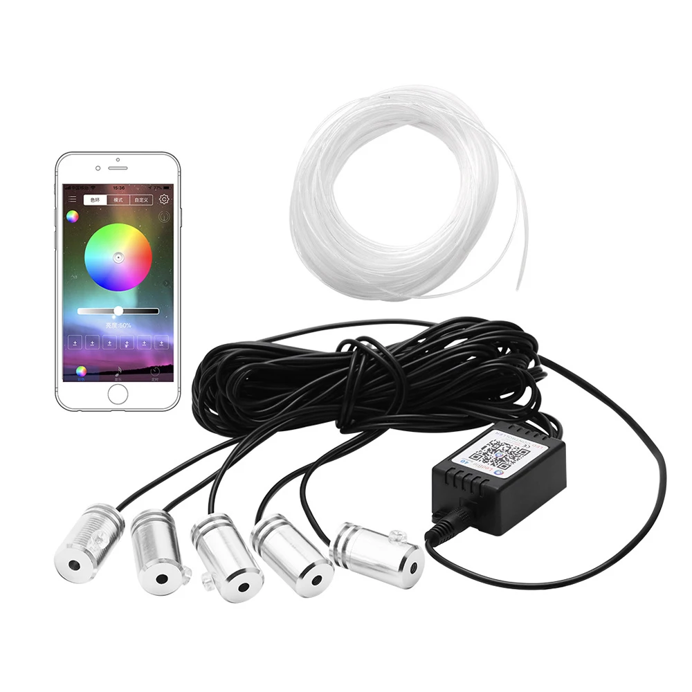 

6 in 1 RGB LED Atmosphere Car Light Interior Ambient Light Fiber Optic Strips Light by App Control DIY Music 8M Fiber Optic Band