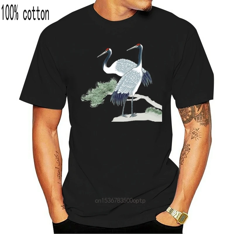 

2018 Trendy Oriental Pine Crane Print Men White Black T-Shirt Art Watercolor Painting Cotton Top T Shirt