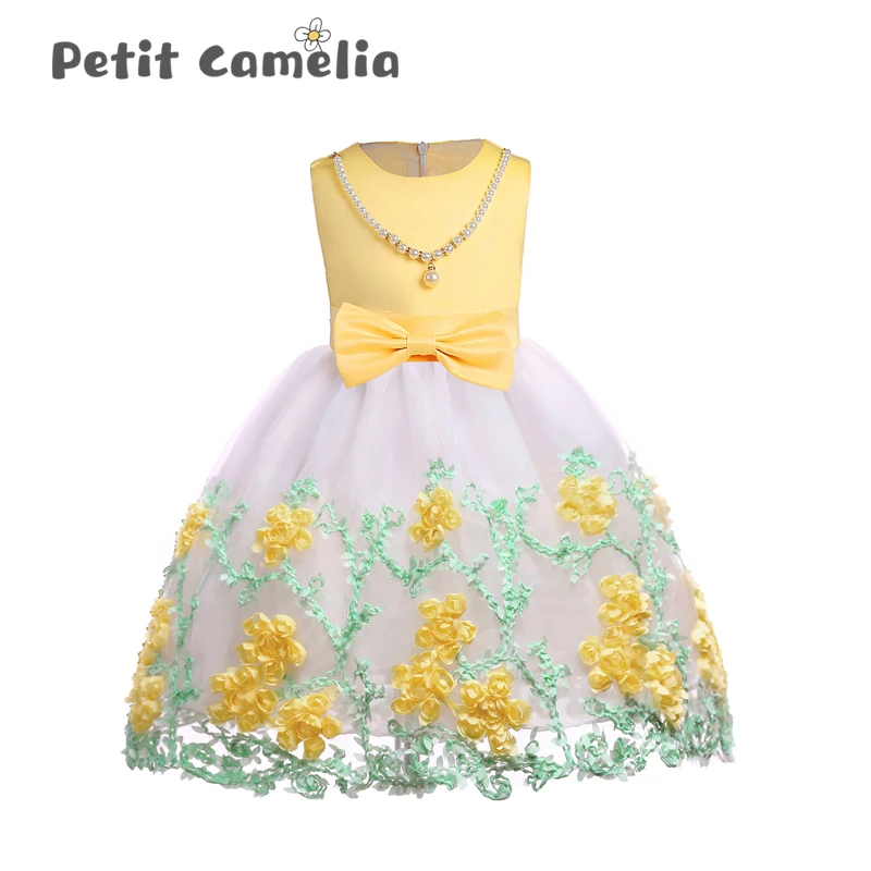 Платье для девочек летнее Сетчатое газовое платье с вышивкой и бантом без