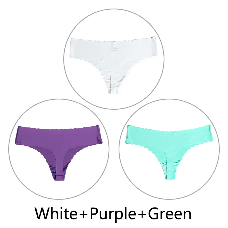 White Purple Green 3 шт./партия ультра-тонкий открытый Шелковый бесшовный стринги с низкой посадкой, цельные сексуальные трусики-стринги, нижнее белье для женщин, танга XS-L, американский размер - Цвет: White Purple Green